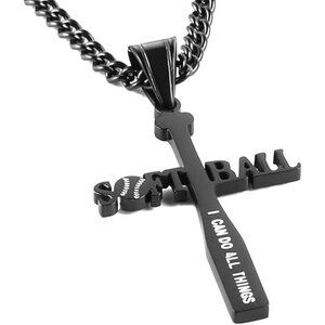 Black Softball Bat Cross Pendant, Bible Verse Necklace
